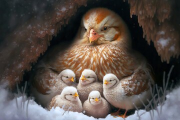 Wall Mural - Charming fluffy chicks with their mother sit in nest, created with generative ai