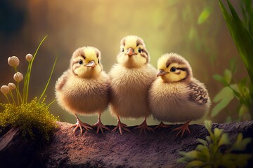 Wall Mural - Cute fluffy round chicks on small legs stand on ground, created with generative ai