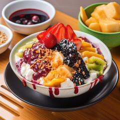 AI generative Patbingsu South Korean dessert made of shaved ice and condensed milk and sweet azuki bean paste topped with fresh fruit