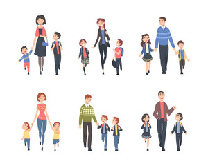 Poster - Father and Mother Walking with Kid Carrying Backpack Leading to School Vector Set