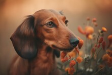  A Brown Dog Standing Next To A Bunch Of Orange Flowers.  Generative Ai