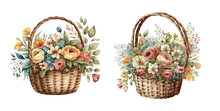 Wicker Basket With Flowers Victorian Style. Watercolor