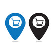 Shopping cart pin icon. shopping center, shopping mall sign. blue and black vector illustration