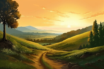  Sunset over the hills. Simple flat cartoon illustration created with generative ai teachnology