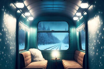 Canvas Print - Polar Express Train coupe with soft comfortable sofas and winter view from window, created with generative ai