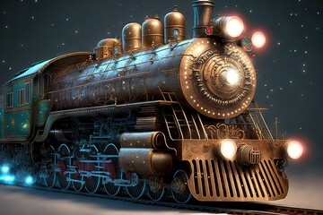 Canvas Print - Beautiful Vintage Polar Express Train Golden Color with Flashlights, created with generative ai