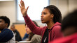 Diverse High School Classroom: Black Secondary Student Engaged in Classroom Learning. African American Girl Raised Hand in Class. Raising Hand to Ask Answer Teacher Question. Generative AI.
