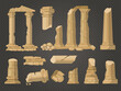 Pillars ruins. Ancient damaged architectural objects exterior building ruins recent vector illustrations in flat style
