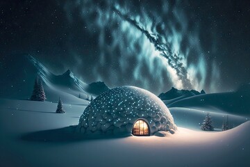 Poster - Night sky and semicircular snow igloo with small entrance, created with generative ai