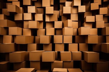 Wall Mural -  a very large amount of brown boxes in a room with a black floor and a wall of brown boxes on the wall and a black background.  generative ai