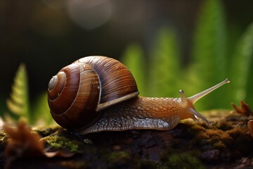  a snail crawling on a mossy surface in the sun with green plants in the back ground and a blurry background of grass and leaves.  generative ai