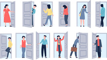 People Come In And Out. Entrance Door, Entering Adults And Business Person. Leaving Home, Come Back To Office. Open Close Doors, Flat Recent Vector Characters