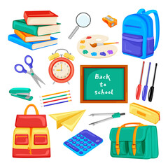 Wall Mural - Set of school items. Cartoon objects and supplies include: books, backpack, alarm, pen box. Student or pupil workspace with education elements. Creative student collection icons. Vector illustration