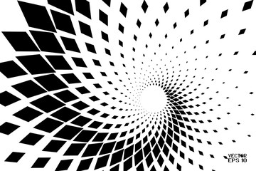 Wall Mural - Abstract Black and White Geometric Pattern with Squares. Spiral-like Spotted Tunnel. Contrasty Halftone Optical Psychedelic Illusion. Vector. 3D Illustration