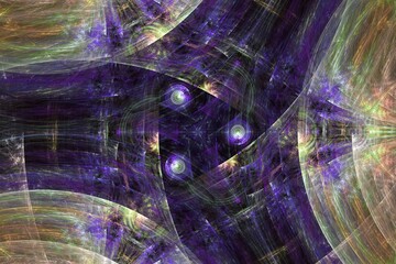 Wall Mural - Purple orange pattern of curved waves and shapes on a black background. Abstract fractal 3D rendering