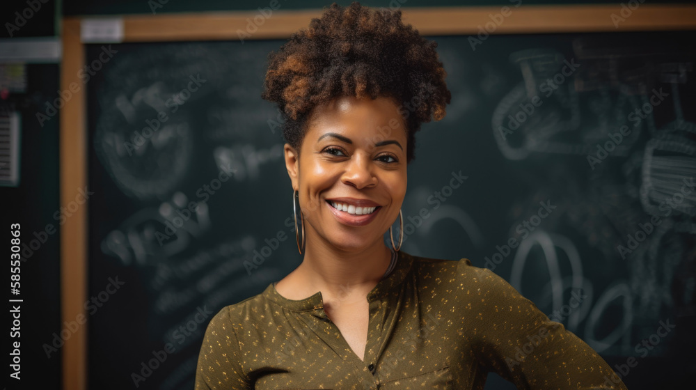 Smiling Black Female Woman Teacher Standing in Front of the Chalkboard ...