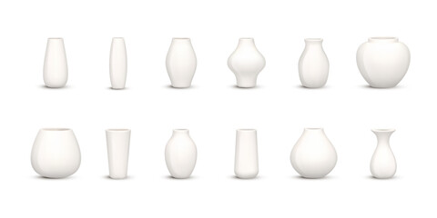 Set of ceramic vase isolated on white background. Collection of floor bowls for decoration floor at home in a realistic style. Different forms of antique vases for interior design. Vector illustration