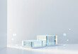 © sarawut795 - 3D rendering cosmetic platform podium with crystal caustic light product presentation background