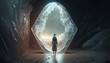© Ренат Хисматулин - An ancient or alien portal to another dimension. Future cyber technology time machine. Stalker enters another world. Parallel dimension timeline concept. Generative AI