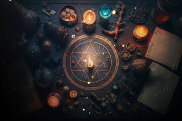 Spell books, burning candles, amulets on witch table. AI Generated