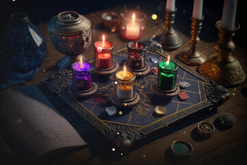 Wall Mural - Old Book With Magic Spells, Candles And Pentagram On Witch Table. AI Generated