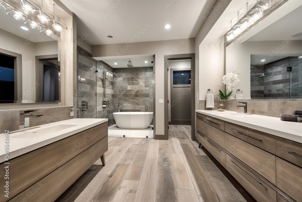 Master bathroom in new luxury home with double vanity and view of walk ...