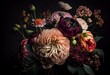 Beautiful bouquet of fresh flowers on dark background. Generative AI