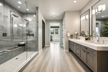 Master bathroom in new luxury home with double vanity and view of walk - in closet, Generative AI