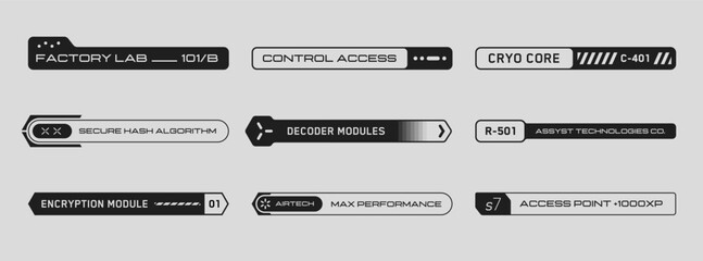 Wall Mural - Cyberpunk decals set. Set of vector stickers and labels in futuristic style. Inscriptions and symbols for danger, attention, Caution, etc. Buttons for websites, mobile applications.