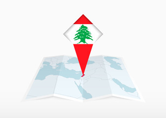 Wall Mural - Lebanon is depicted on a folded paper map and pinned location marker with flag of Lebanon.