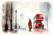 Image Of A Lowry Inspired Scene. Depicting A Elderly Man Stood By A Vintage Red Bus.