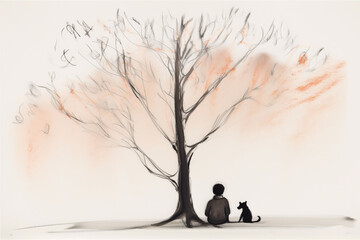 Minimalistic artistic watercolor image of a Lowry inspired scene. Depicting a lone person sitting with a dog