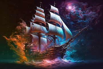 ai generative fantasy illustration of pirate ship in the ocean, in the background colorful galactic sky