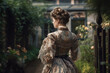 © Masson - Woman in vintage Victorian era dress stands in spring time garden, back side view, created with Generative AI Technology