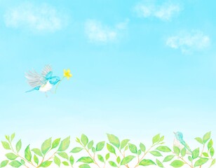 木の上で青い小鳥が花をプレゼントする様子の水彩イラスト。