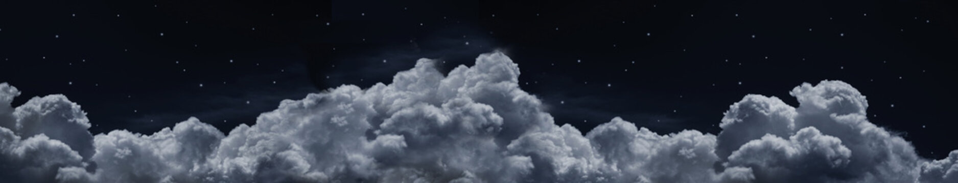 Wall Mural -  - Black dark blue night sky. Stars. White cumulus clouds. Moonlight, starlight. Background. Astrology, astronomy, science fiction, fantasy, dream. Storm front. Dramatic. Wide banner. Panoramic.