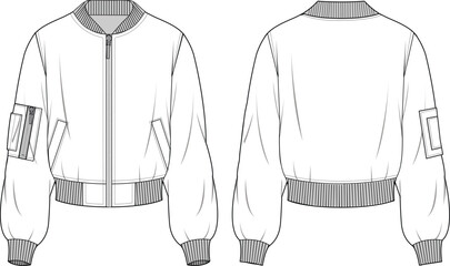 Women's Elastic Hem Zip-up Bomber Jacket. Technical fashion illustration. Front and back, white color. Unisex CAD mock-up.