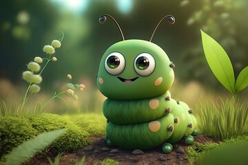 Wall Mural - Cute Cartoon Caterpillar in the Woods (Generative AI)