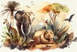 A wildlife safari with exotic animals, watercolor style, Generative AI