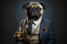 Portrait Of A Dog In A Business Suit With A Glass Of Beer, Congratulations And Celebration, Generative Ai