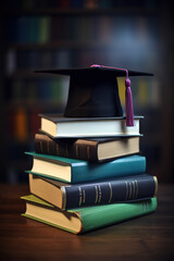 Wall Mural - Graduation cap and gown at the top of tall textbooks stack, the symbol of wisdom. AI generative image