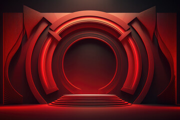 Red podium color 3D background with geometric shapes for product presentation minimal style, stage, red background.