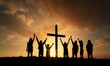 © Enigma - Christian people group raise hands up worship God Jesus Christ together, generative AI