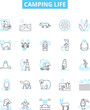 © Nina - Camping life vector line icons set. Camping, Life, Outdoors, Tent, Sleeping, Bag, Hammock illustration outline concept symbols and signs