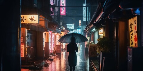 Silhouette of a Mysterious Woman in Tokyo, Japan, with an umbrella in a rainy night. Neon lights come from the street signs and buildings. Generative AI.