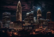 Charlotte, NC City Skyline At Night. Generative AI