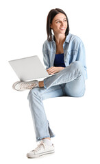 Pretty young woman with laptop sitting on chair against white background