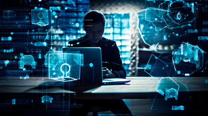 A high-tech image of a cyber security expert working on a laptop, with digital padlocks and encryption codes displayed on a screen behind them