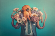 Octopus In A Business Suit Holding A Flower Bouquet, Created With Generative AI Technology