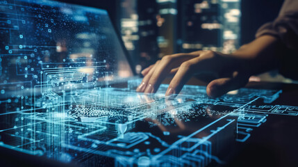 Digital technology, software development concept. Coding programmer, software engineer working on laptop, internet of things IoT. Technology background. digital ai art
